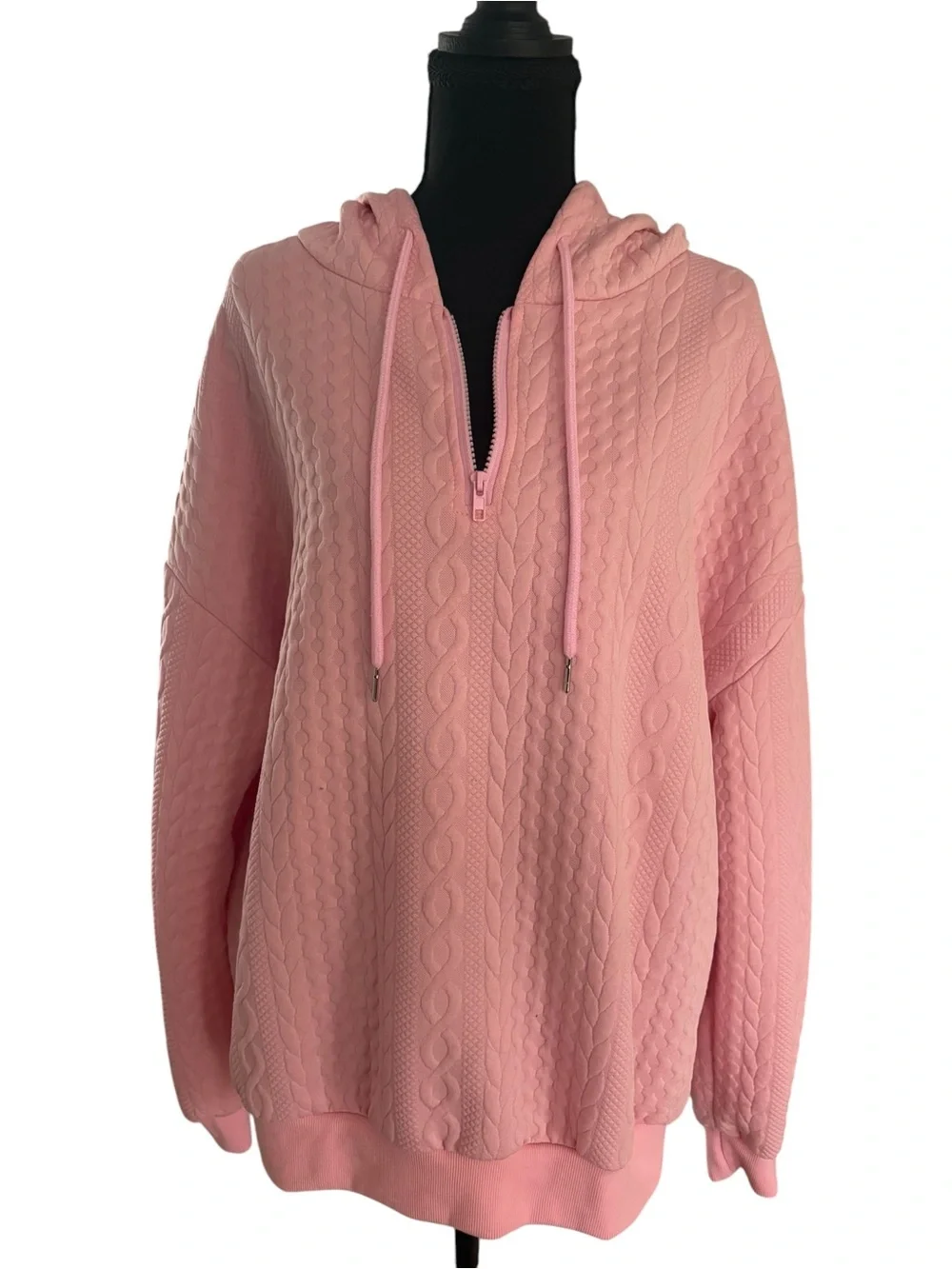 SHEIN Pastel Pink Cable Knit Half-Zip Hoodie Sweatshirt - Picture 3 of 7